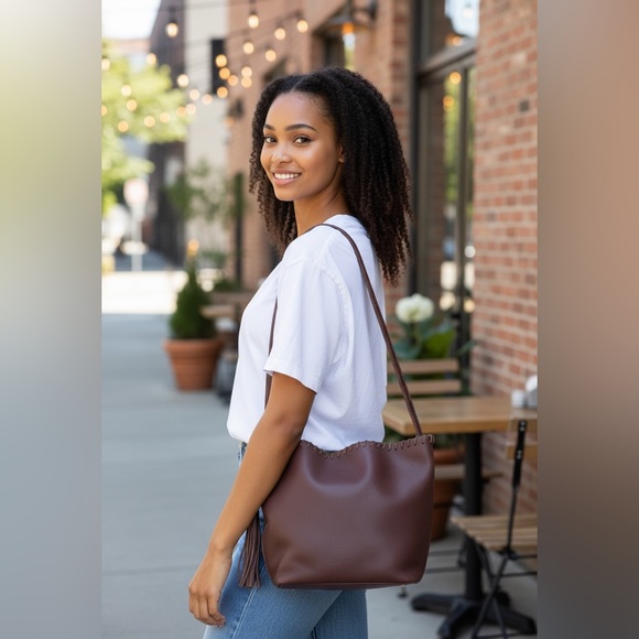 Yves Saint Laurent Boho Tote with Snap Closure & Tassels.  Dark Brown Leather - Picture 1 of 16